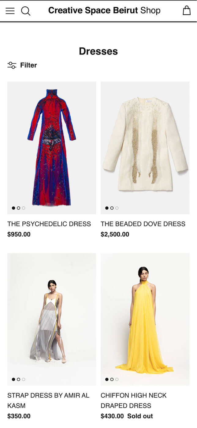 Creative Space Beirut Shopify store — dresses collection page preview on mobile