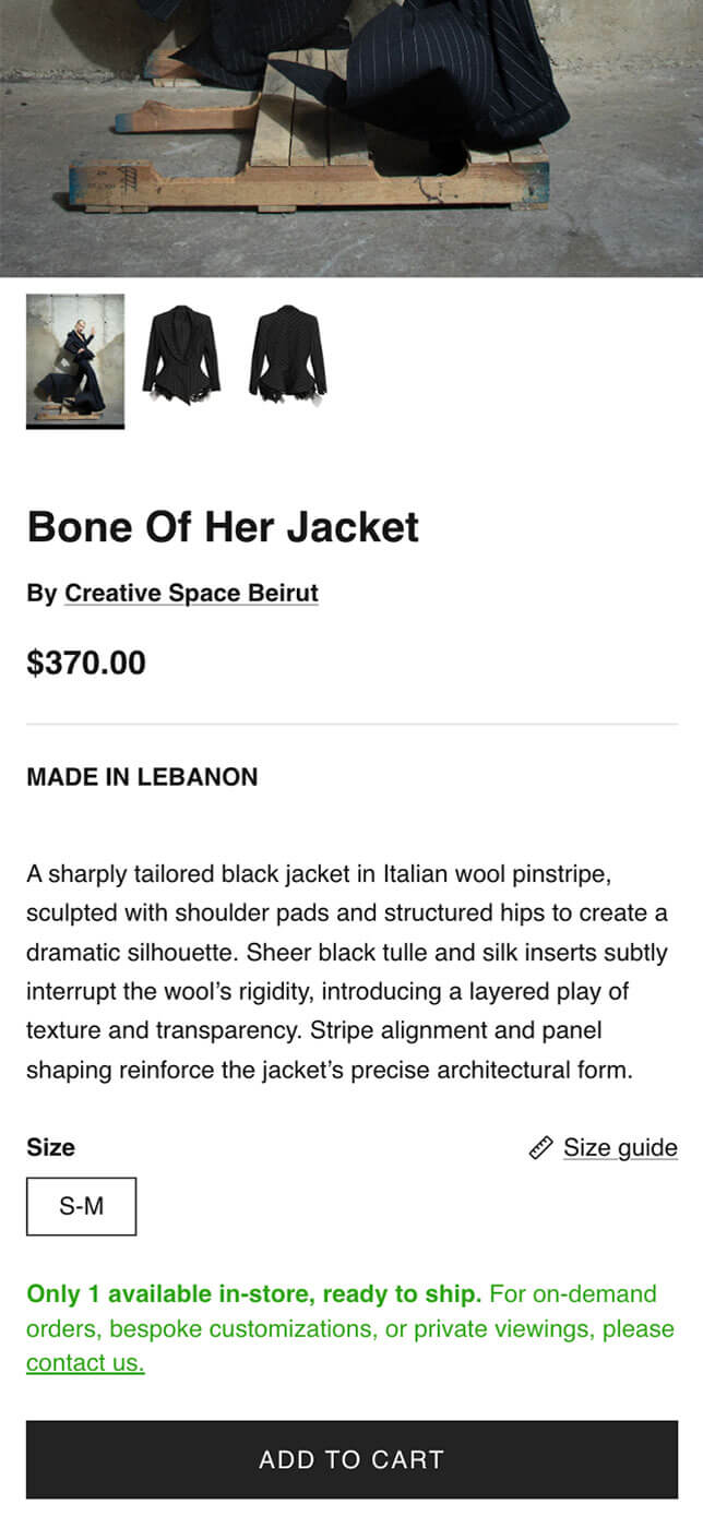Creative Space Beirut Shopify store — detailed product page preview on mobile