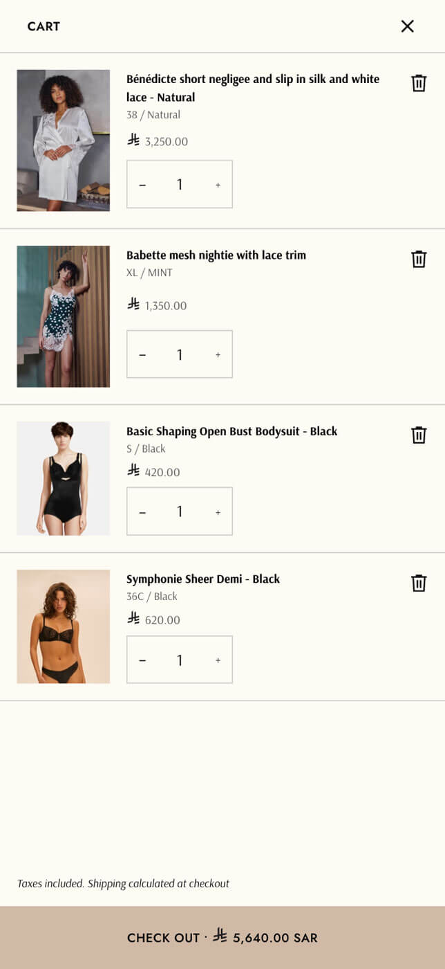 Lingerie Perdu Shopify store — cart preview on mobile