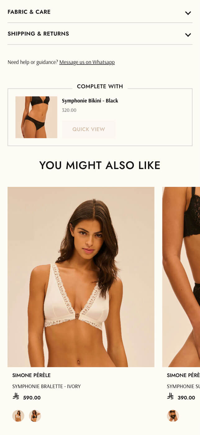 Lingerie Perdu Shopify store — product details and complementary products preview on mobile
