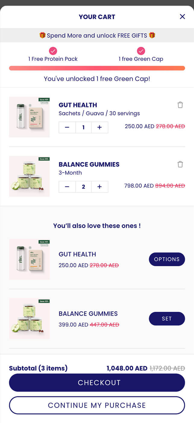 RITE Shopify store — cart preview on mobile