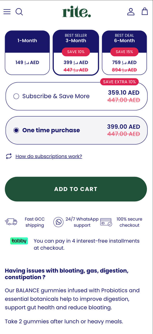RITE Shopify store — subscription model pricing tiers on mobile preview