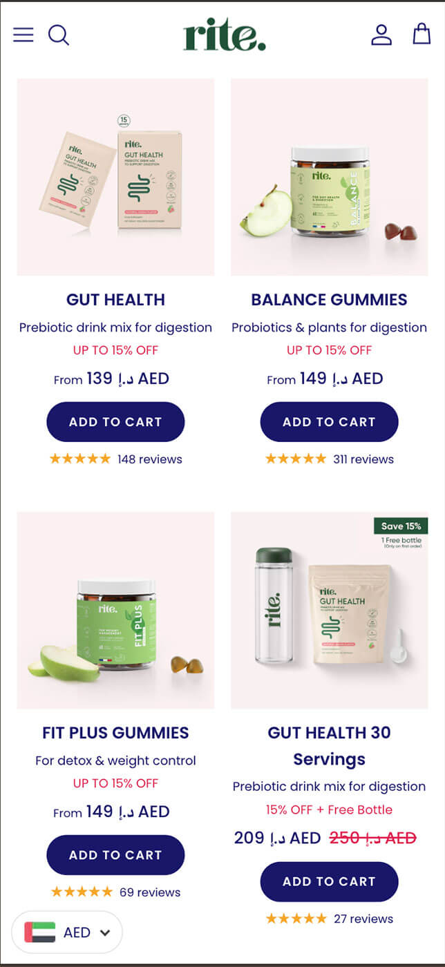 RITE Shopify store — product listing page mobile preview